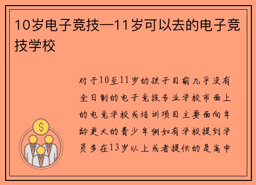 10岁电子竞技—11岁可以去的电子竞技学校